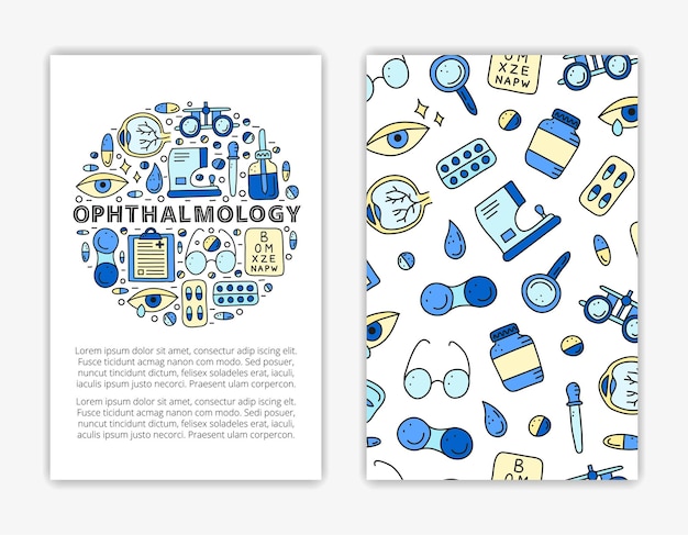 Plantillas de tarjetas con iconos de oftalmología de colores garabateados
