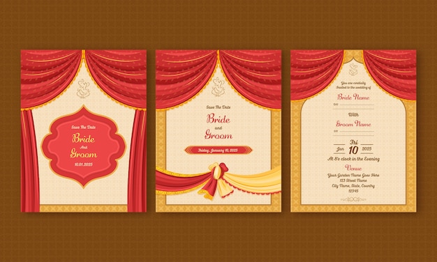 Plantillas de tarjetas de invitación de boda india con cortinas rojas