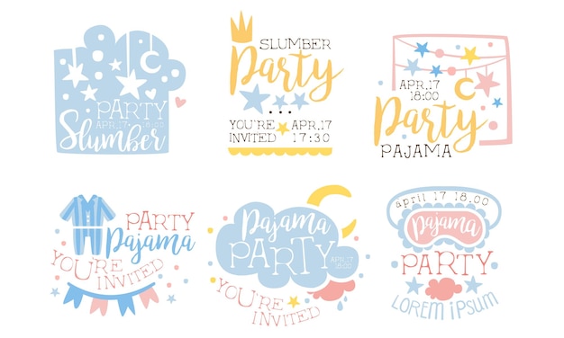 Las plantillas de tarjetas de invitación de la fiesta de pijama se establecen en la fiesta de pijamas. Usted está invitado. Ilustración vectorial.