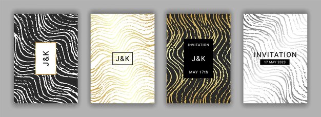 Plantillas de tarjetas de invitación con textura moderna abstracta en blanco y negro dorado plateado
