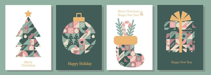Vector plantillas de tarjetas de navidad íconos y elementos de navidad en estilo geométrico moderno abstracto