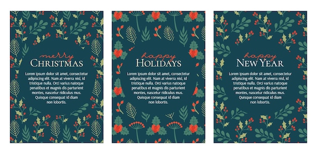 Plantillas de tarjetas de Navidad con patrones florales, botánicos y lugar para texto.