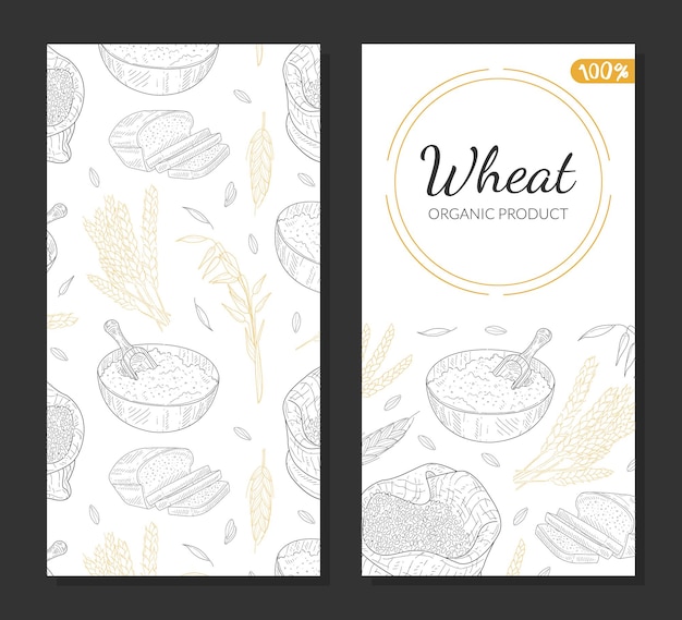 Plantillas de tarjetas de productos orgánicos de trigo Plantas agrícolas y productos horneados Confitería Café Envasado Menú Diseño Ilustración vectorial dibujada a mano