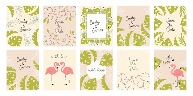 Plantillas de tarjetas tropicales para invitación de boda celebración de matrimonio baby shower felicitación