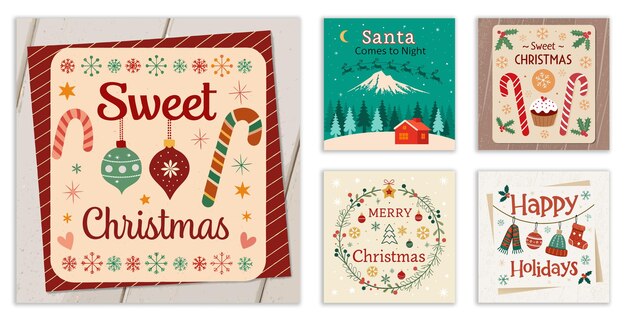 Plantillas de tarjetas de vacaciones dibujadas a mano con temas navideños