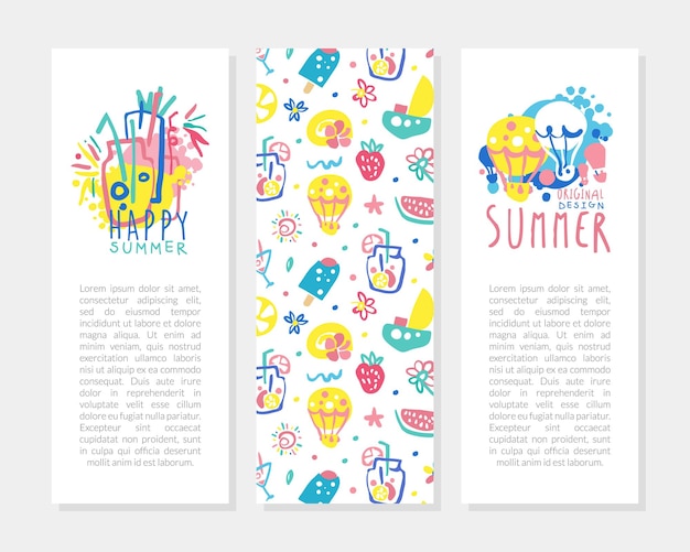 Plantillas de tarjetas de verano Conjunto con espacio para texto y símbolos de vacaciones de verano Folleto Banner Flyer Diseño Ilustración vectorial