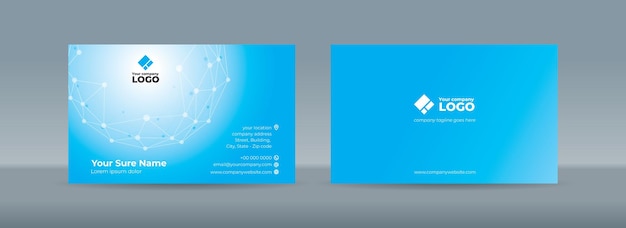 Plantillas de tarjetas de visita de dos caras con puntos azules blancos conectados por líneas sobre un fondo azul