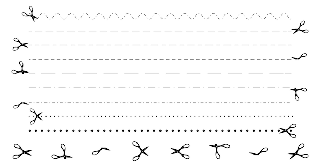 Plantillas de tijeras cortadas a lo largo de líneas punteadas y discontinuas diferentes formas y direcciones para el diseño publicitario de envases de productos cortar cupones de diferentes formas con tijeras ilustración vectorial plana