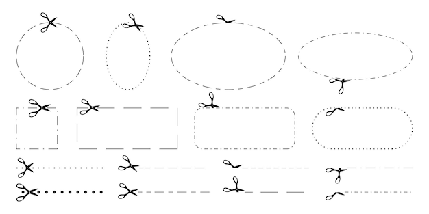 Plantillas de tijeras cortadas a lo largo de líneas punteadas y discontinuas diferentes formas y direcciones para el diseño publicitario de envases de productos Cortar cupones de diferentes formas con tijeras Ilustración vectorial plana