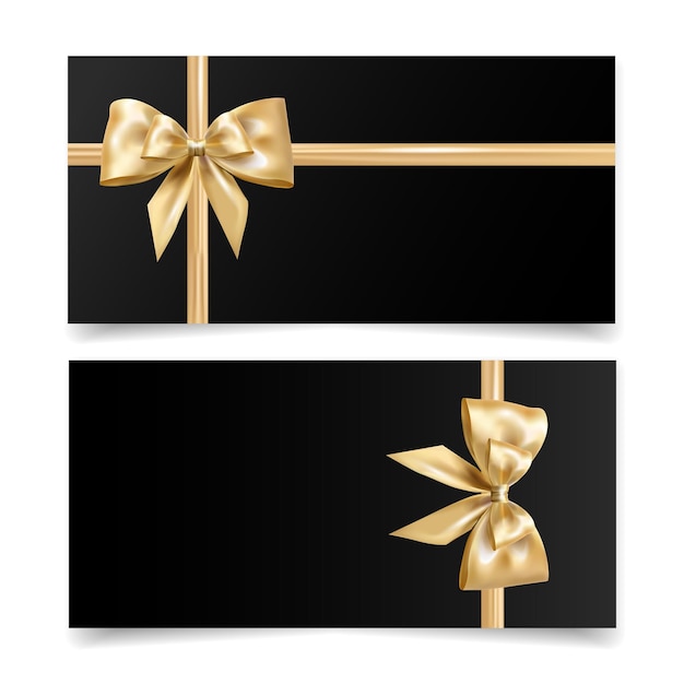 Plantillas de vales de regalo en blanco y negras con cintas y arcos dorados brillantes Vector