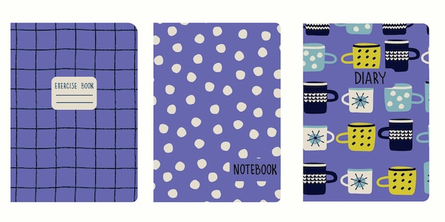 Plantillas vectoriales de páginas de portada con tazas dibujadas a mano patrón de puntos de polca de chequeo a cuadros basado en patrones sin costuras encabezados reemplazables para cuadernos cuadernos diarios muy colores Peri del año 2022