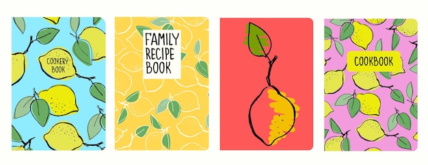 Plantillas vectoriales de portada para libros de recetas basadas en patrones sin fisuras con limones dibujados a mano Diseño de portada de libros de cocina Concepto de comida vegana de frutas saludables