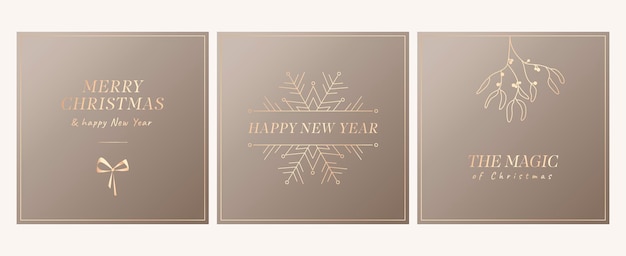 Plantillas vectoriales para tarjetas de navidad con muérdago y lazo. texto de oro feliz año nuevo para tu tarjeta de felicitación. plantilla de redes sociales de navidad de vector en tonos dorados
