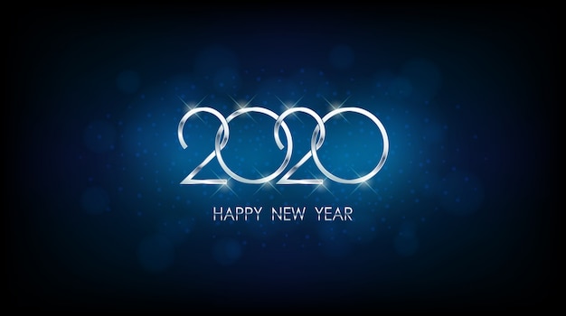 Plata feliz año nuevo 2020 con bokeh abstracto y patrón de destello de lente en fondo vintage color azul