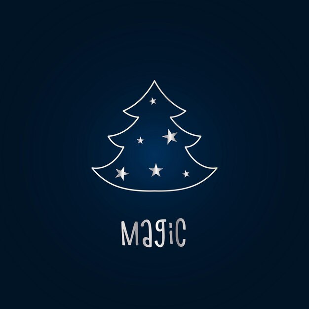 Plata silueta de un árbol de Navidad con estrellas sobre un fondo azul oscuro. Feliz Navidad y próspero año nuevo 2022. Ilustración vectorial. Magia.