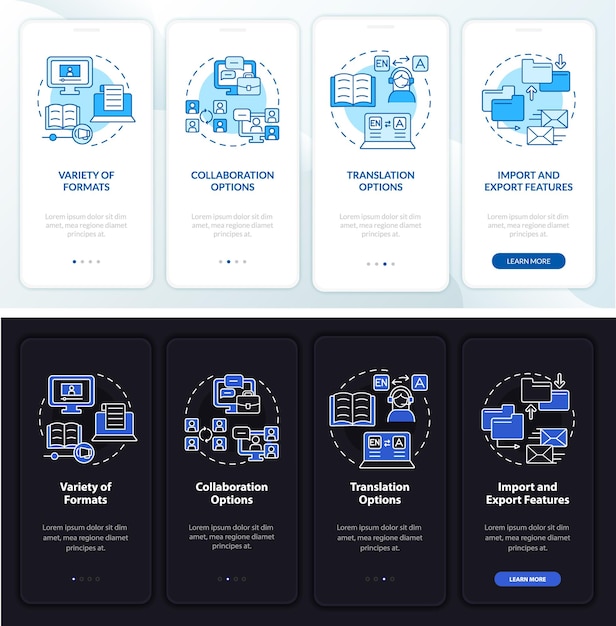 La plataforma de aprendizaje electrónico presenta la pantalla de la aplicación móvil incorporada en el modo nocturno y diurno