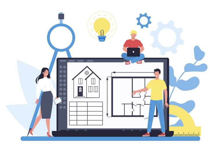 Vector plataforma de arquitectura en línea en concepto de dispositivo diferente. idea de proyecto de construcción y obra de construcción. esquema de casa, industria de ingenieros. negocio de la empresa constructora. ilustración vectorial