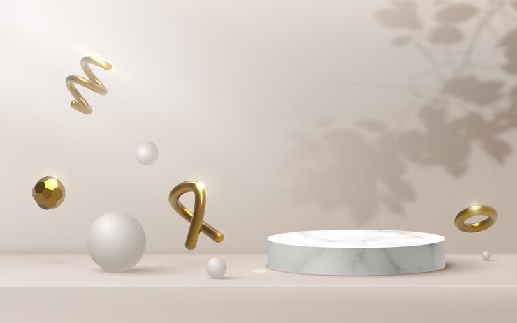 Vector plataforma beige pastel abstracto, con haces de focos dorados formas 3d.