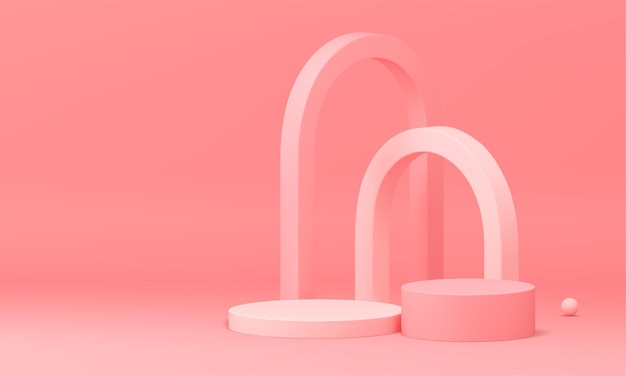 Plataforma de cilindro de podio rosa 3d con telón de fondo de arco curvo para la ilustración de vector de presentación de producto cosmético femenino Escenario elegante geométrico de pedestal realista con elemento decorativo de esfera