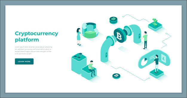 Plataforma de criptomoneda de innovación con vector de página de destino isométrica de personas modernas que trabajan