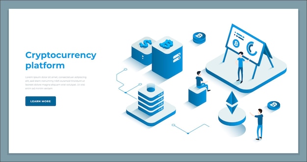 Plataforma de criptomonedas cursos de minería de bitcoin personas que estudian clase de transacción de dinero virtual ilustración de vector de página de destino isométrica Blockchain innovación conexión aprendizaje explicando