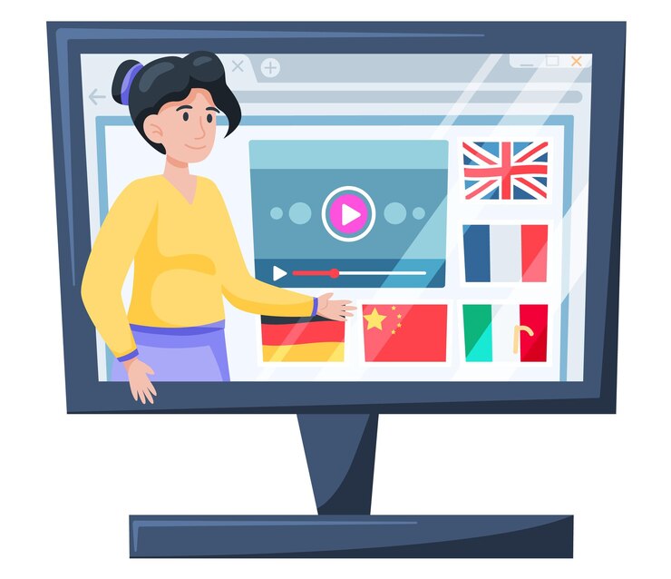 Vector plataforma de educación en línea curso en internet para aprender en casa joven maestra en la lección concepto de elearning monitor con capacitación en video en línea para estudiantes aprendizaje a distancia independiente