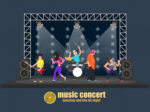Plataforma de escenario con banda de rock