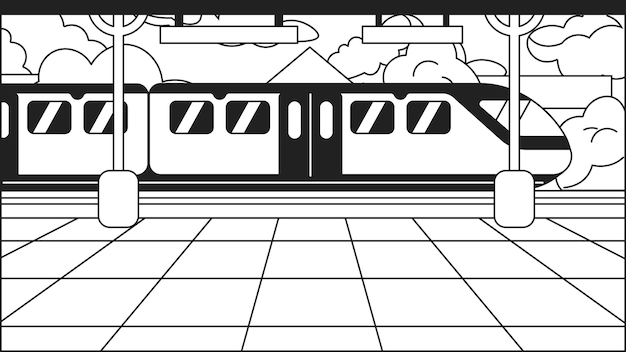 Vector plataforma de la estación de tren bw cute kawaii lo fi fondo transporte público tránsito rápido monocromático vector 2d dibujos animados paisaje urbano ilustración lofi estética papel pintado de escritorio escenario de anime lineal