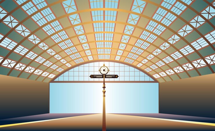 Vector plataforma de la estación de tren vacía interior de la estación vagones de pasajeros vector de dibujos animados turísticos