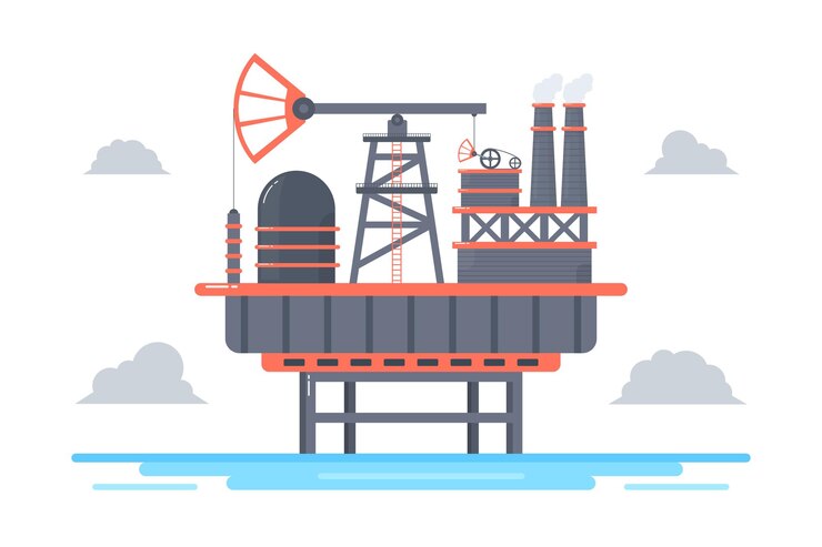 Vector plataforma de extracción de petróleo en la ilustración de dibujos animados marinos