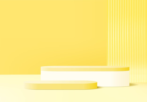 Plataforma de fondo de exhibición de producto 3d con pared de vidrio amarillo claro moderno. Plataforma de podio de representación 3d de vector de fondo. stand mostrar producto cosmético. Escaparate de escenario en pedestal moderno estudio de luz.