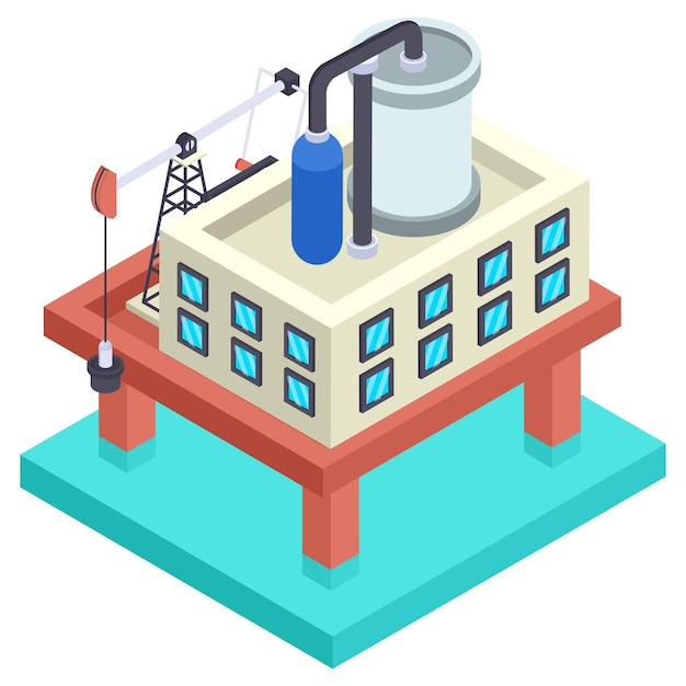 Plataforma isométrica en alta mar Concepto de refinería de petróleo Color vectorial Diseño de icono Industria del petróleo y el gas