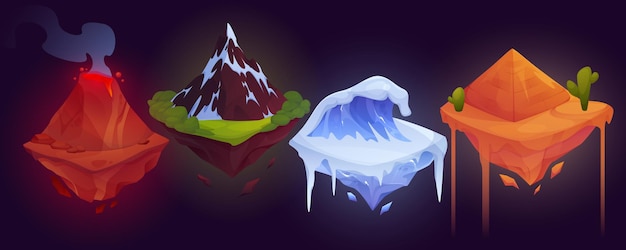 Plataforma de juego Jugar a la ubicación de la isla Interfaz de mapa Montaña de hielo y fuego volcán Glaciar de roca voladora Paisaje desértico Icono de dibujos animados de fantasía Elements de interfaz de usuario 3D Vector GUI de suelo