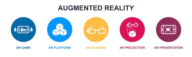 Plataforma de juegos AR gafas virtuales Proyección AR Iconos de presentación AR Plantilla de diseño infográfico Concepto creativo con 5 pasos