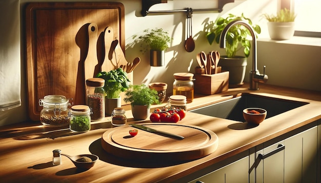 Plataforma de madera de cocina soleada hierbas frescas