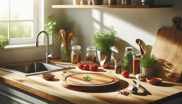 Plataforma de madera de cocina soleada hierbas frescas