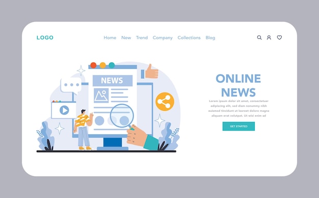 Plataforma de noticias en línea web o página de aterrizaje mantenerse informado con actualizaciones en tiempo real y completa