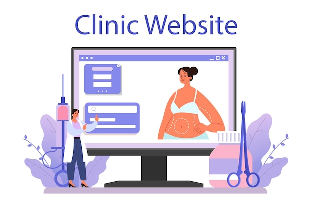 Plataforma o servicio en línea de cirujano plástico Corrección corporal y facial Procedimiento de rinoplastia y antienvejecimiento Sitio web de la clínica Ilustración plana vectorial