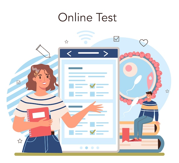 Plataforma o servicio en línea de educación sexual. Lección de salud sexual para jóvenes. Sistema de anticoncepción y reproducción. Prueba en línea. Ilustración de vector aislado