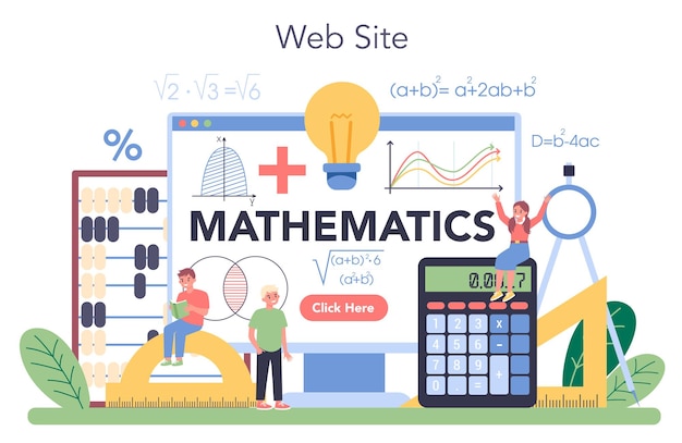 Plataforma o servicio en línea de la escuela de matemáticas. aprendiendo matemáticas, idea de educación y conocimiento. sitio web.