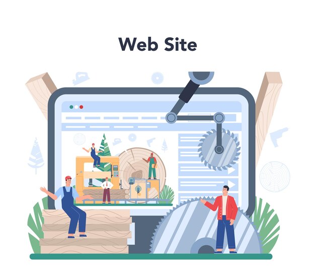 Plataforma o servicio en línea de la industria maderera Operador de línea de carpintería como línea de producción forestal Control de procesos de aserrado Sitio web Ilustración vectorial plana