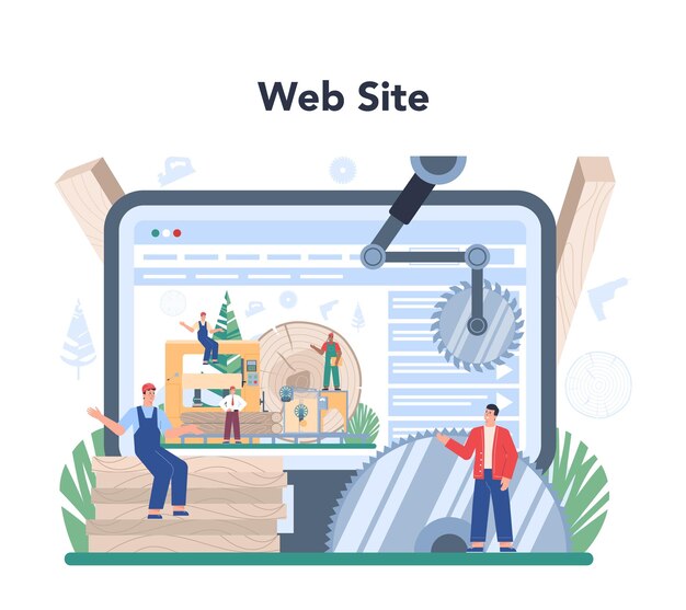 Plataforma o servicio en línea de la industria maderera operador de línea de carpintería como línea de producción forestal control de procesos de aserrado sitio web ilustración vectorial plana