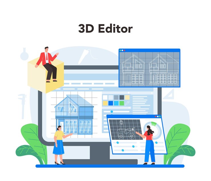 Vector plataforma o servicio en línea de modelado 3d dibujo digital con herramientas y equipos electrónicos modelado e ingeniería 3d editor 3d en línea ilustración vectorial aislada