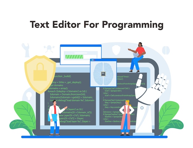 Plataforma o servicio en línea de robótica Ingeniería robótica y construcción Inteligencia artificial en la industria del modelado Editor de texto Ilustración vectorial Flate