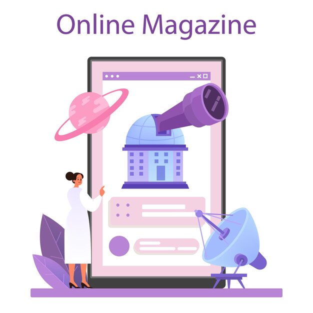 Plataforma o servicio online de astrónomo. Científico profesional mirando a través de un telescopio a las estrellas. Revista online. Ilustración vectorial plana