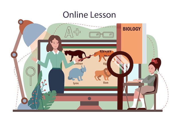 Plataforma o servicio online de biología. Estudiantes que exploran la naturaleza y la estructura de los organismos vivos. Idea de educación académica. Lección en línea. Ilustración de vector flact