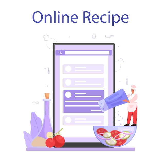 Plataforma o servicio online de cocinero o especialista culinario. Chef en delantal haciendo sabroso plato. Trabajador profesional. Receta online. Ilustración de vector aislado