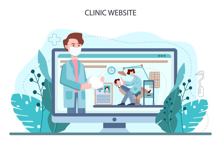 Vector plataforma o servicio online de dentista. médico dental en uniforme que trata los dientes humanos. cuidado bucal y tratamiento de caries. sitio web. ilustración vectorial plana