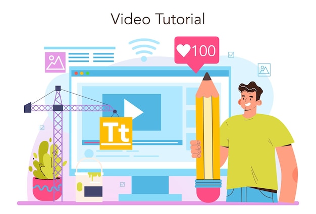Plataforma o servicio online de diseñador de UX y UI. Diseño de interfaz de usuario y desarrollo de experiencia de usuario. Industria del diseño digital moderno. Video tutorial. Ilustración vectorial plana