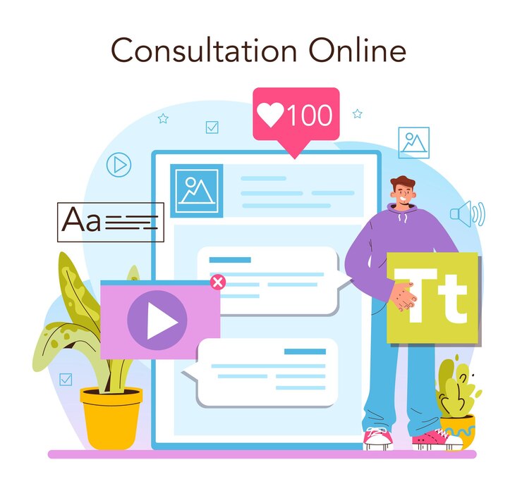 Vector plataforma o servicio online de gestor de contenidos. promoción digital y producción de contenidos. desarrollo del plan de contenido. consulta online. ilustración vectorial plana